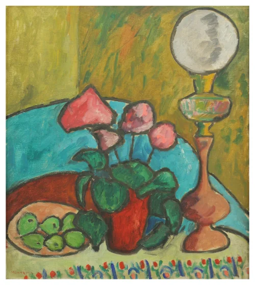 Gabriele Münter-Stillleben mit Petroleumlampe und Alpenveilchen